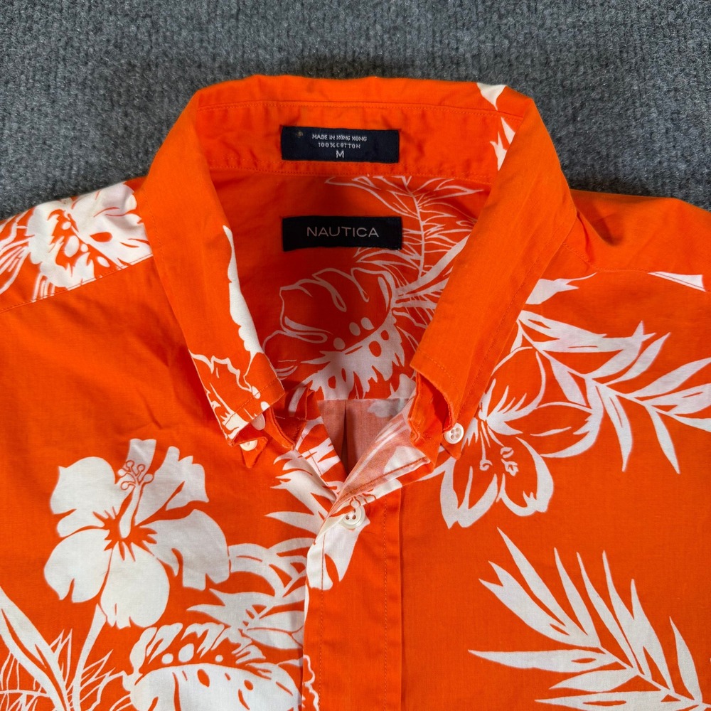 Nautica Mens Orange Hibiscus Floral Tropical Cotton Button Down Shirt M #3977